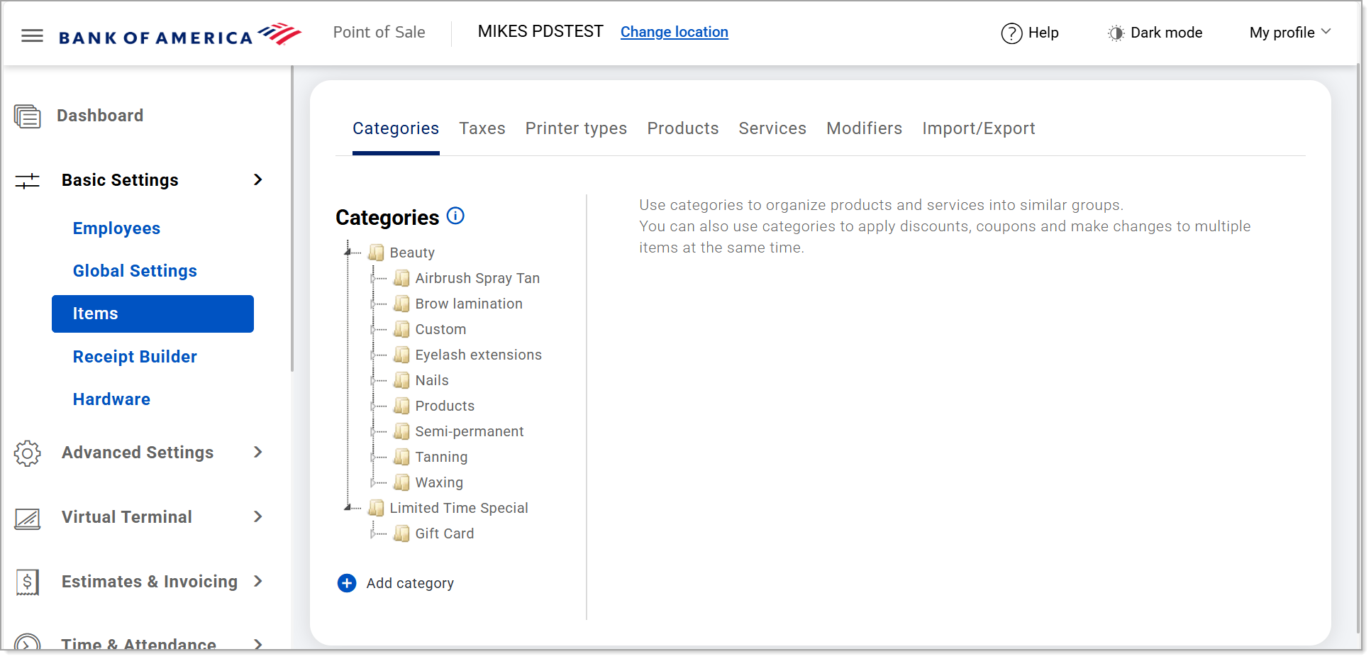 Categories tab