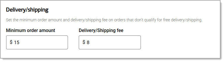 Delivery section with minimum order amount and delivery fee fields.