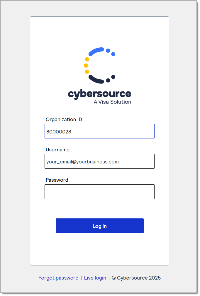 Login screen with fields to enter Organization ID, email, and password.