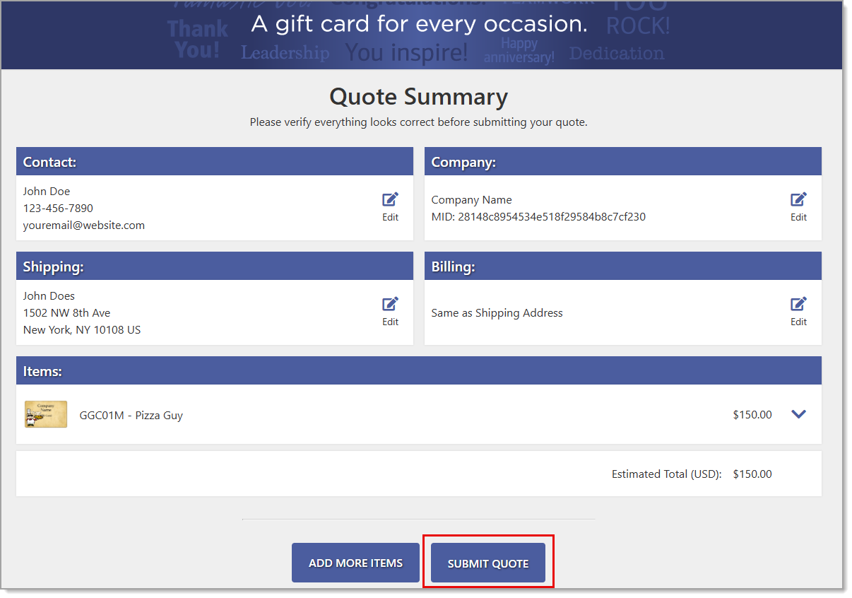 Submit Quote highlighted in Quote Summary.