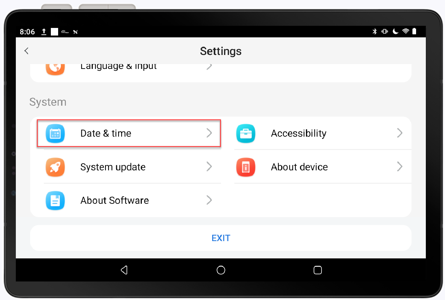 date and time option in system group