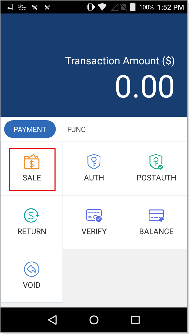 Payment tab. Sale option.