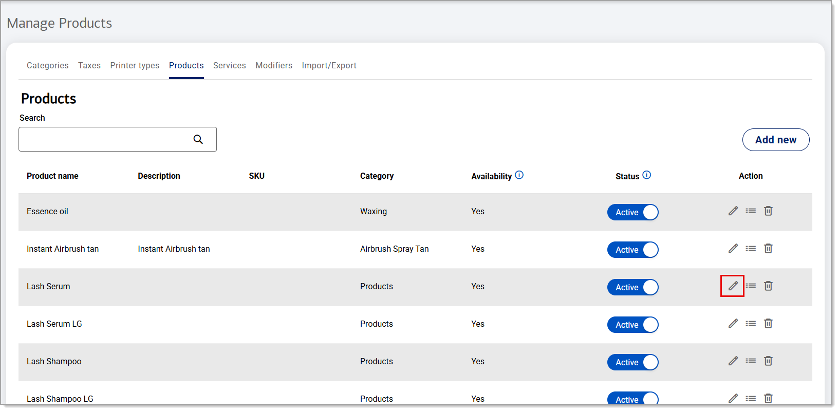 Edit icon highlighted in products search display