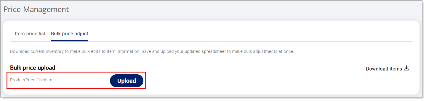 Price Adjust bulk price list upload button