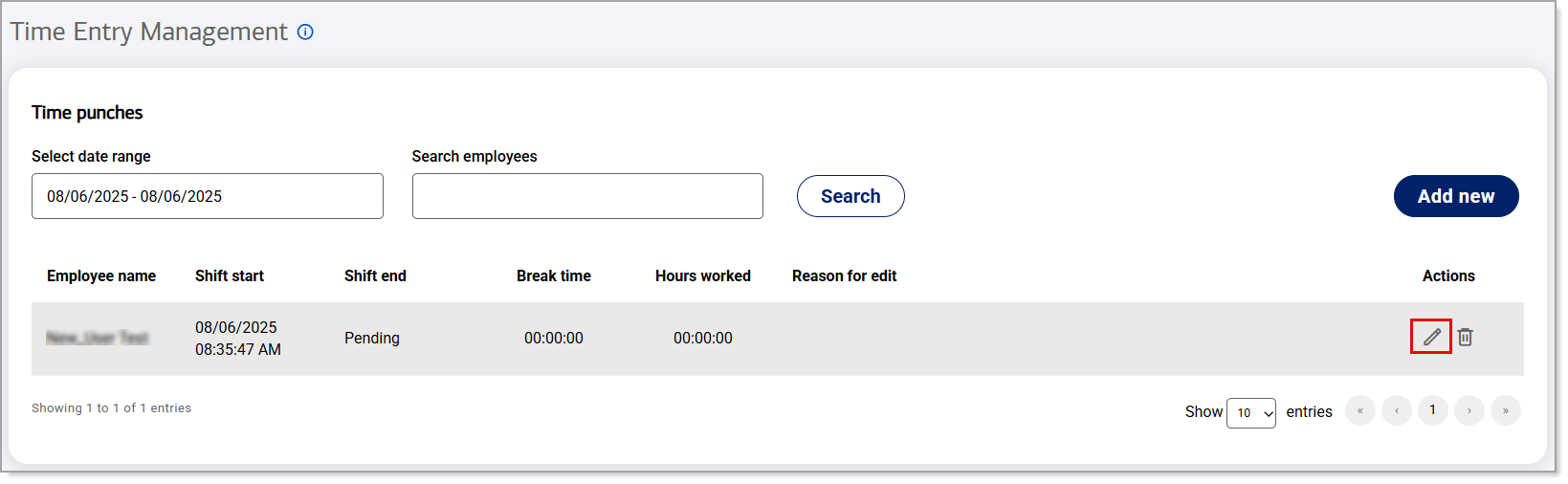 Edit icon for Time Entry Management