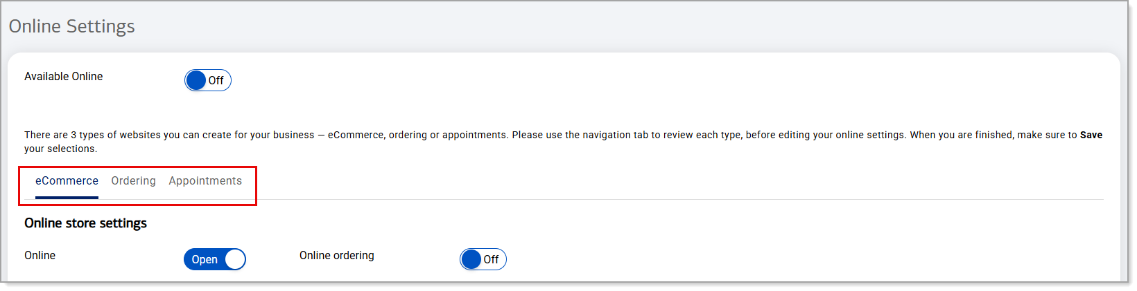Online Settings screen with tabs for eCommerce, Ordering, and Appointments site choice tabs