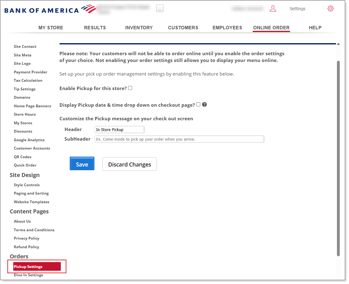 Pick Up settings screen