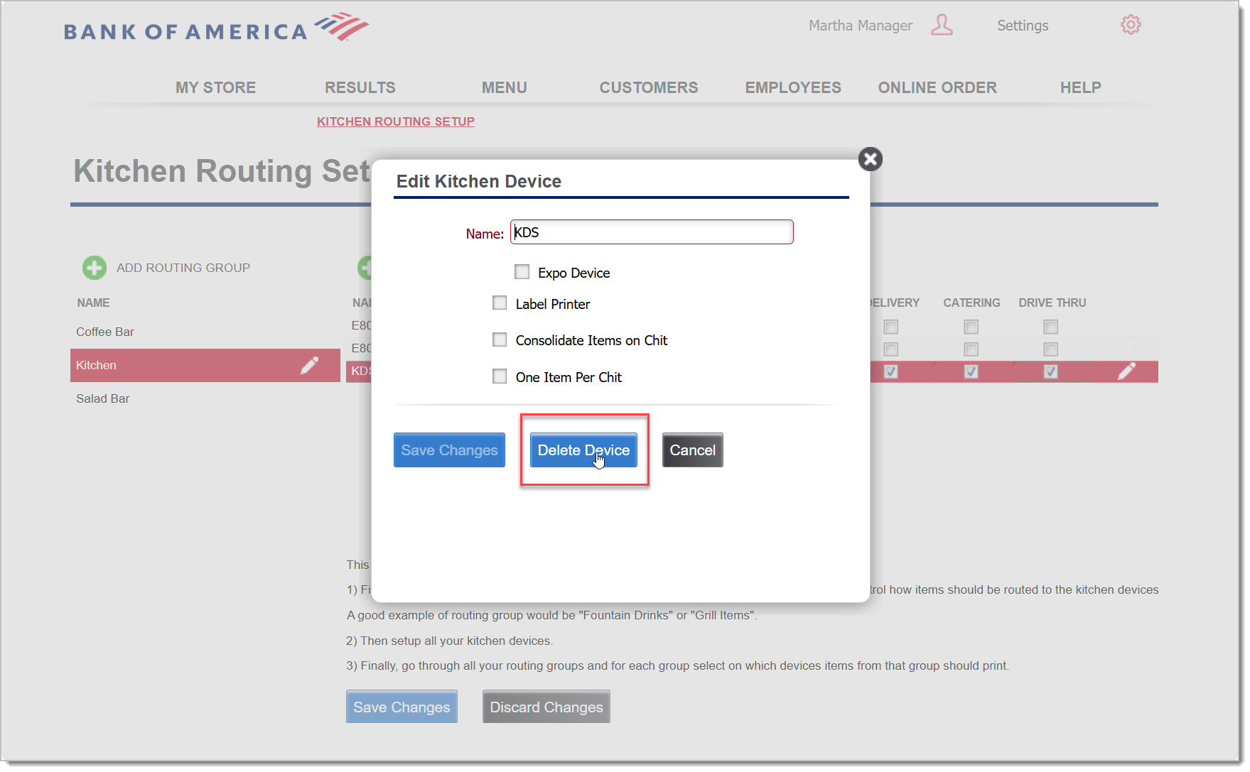 edit kitchen device modal with delete device button highlighted