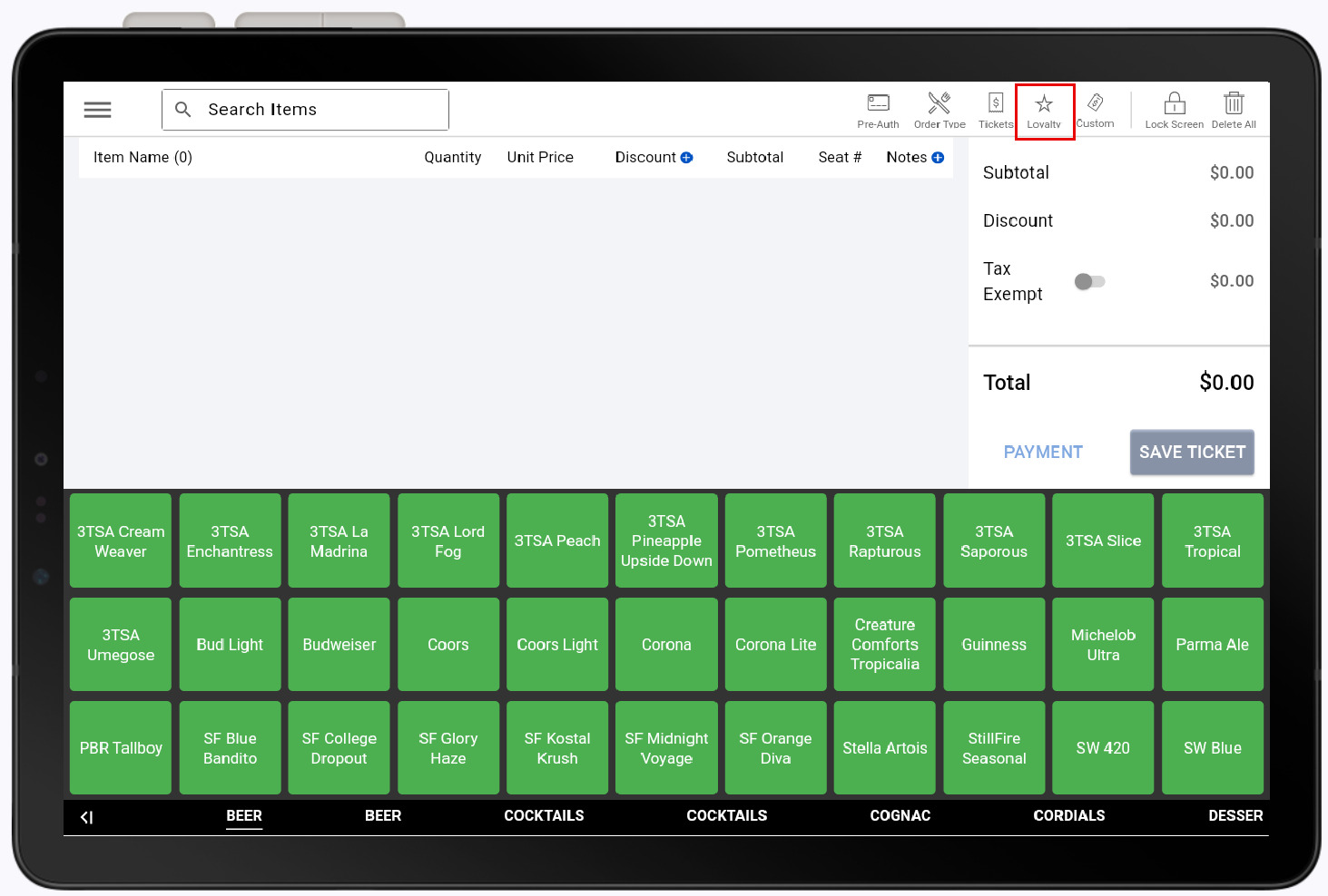 Loyalty highlighted on orders screen.