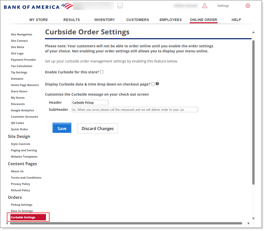 Curbside Order Settings screen