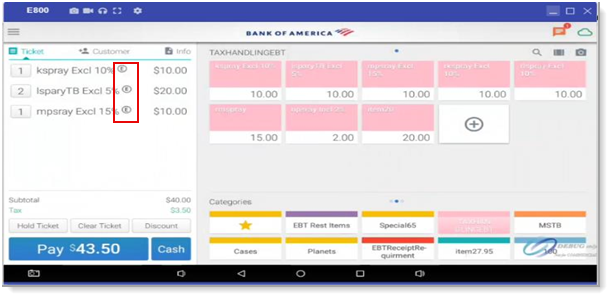 Ticket items with "E" symbol