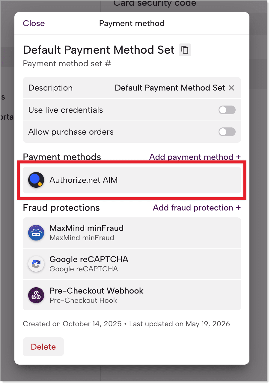 Payment Method popup