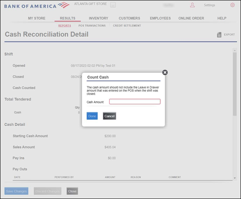 Cash Amount field modal on the Cash Reconciliation Detail screen