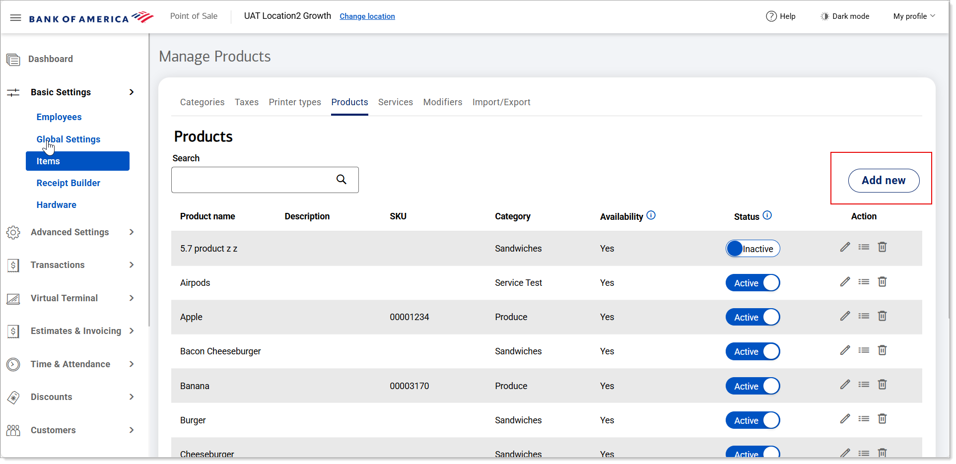 Products screen - Add new option