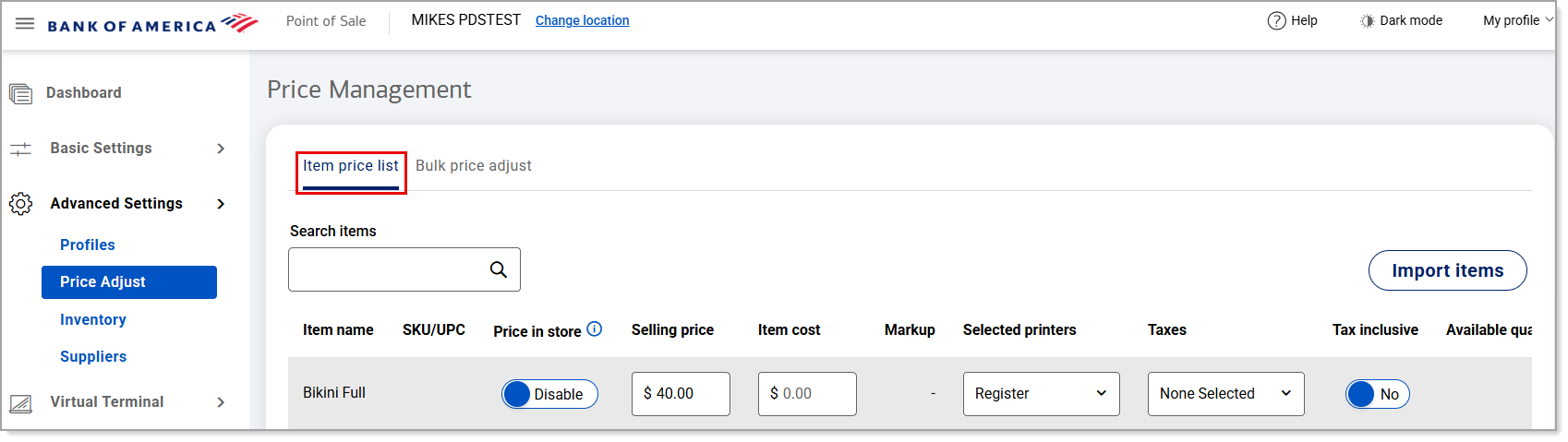 Price Adjust item price list window