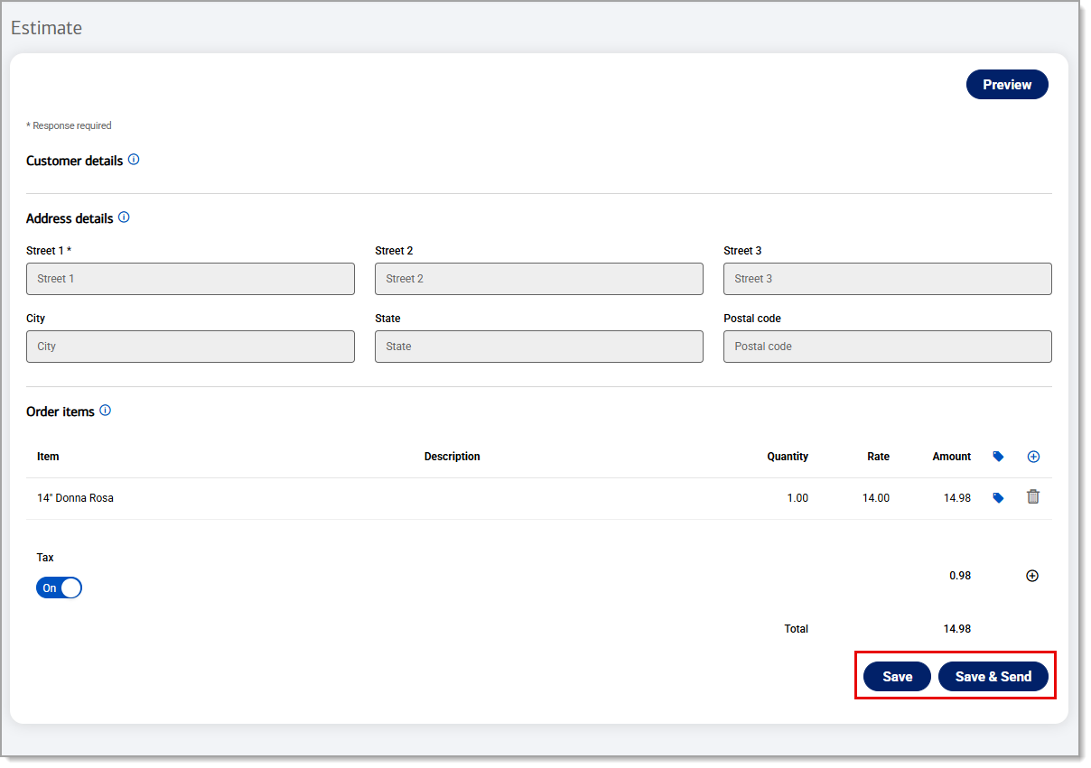 Save button and Save and Send button highlighted in the Estimate form.