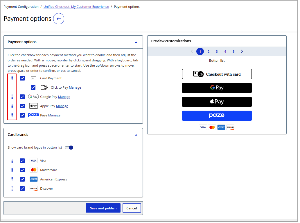 Payment Options drag icon to set button list order
