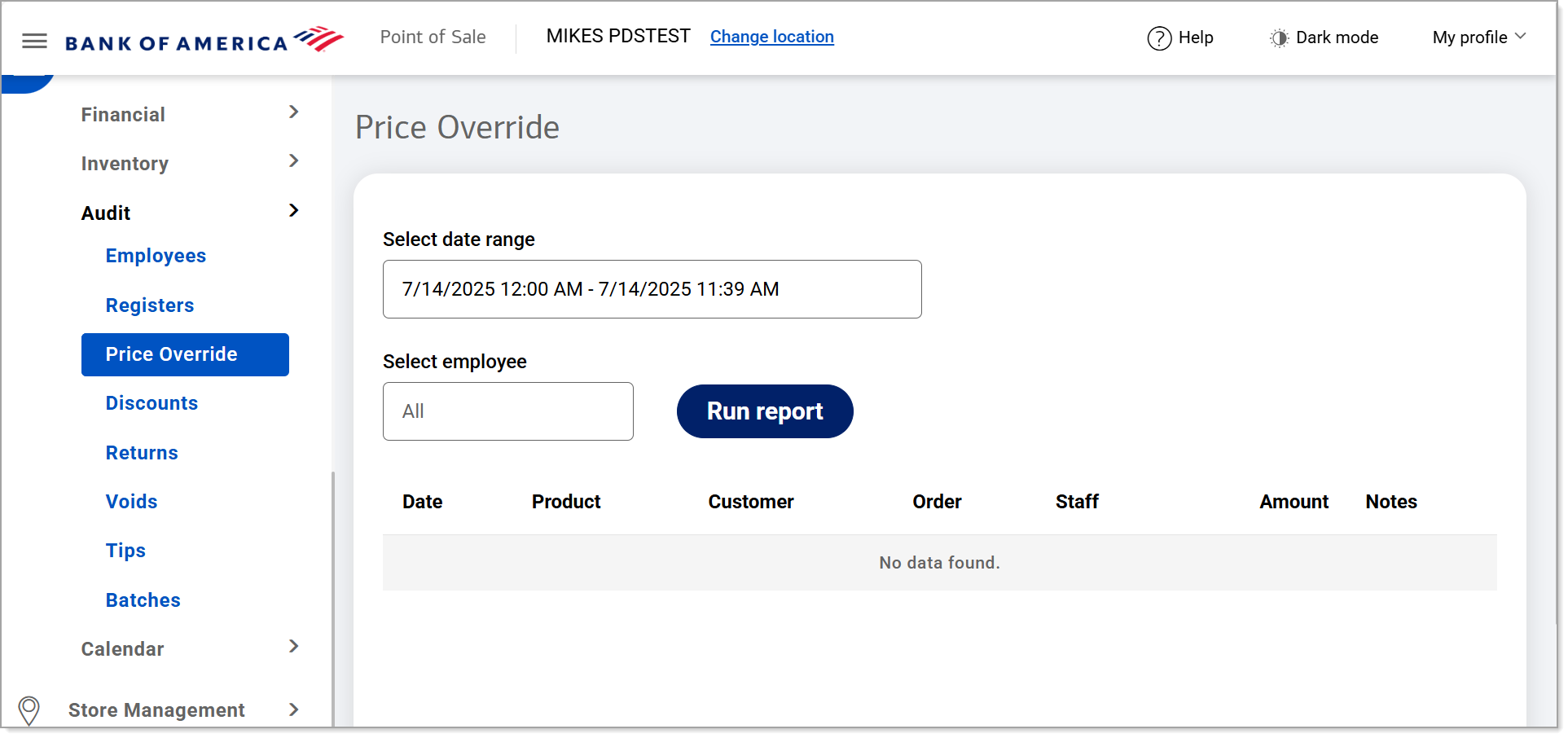 Price Override report screen