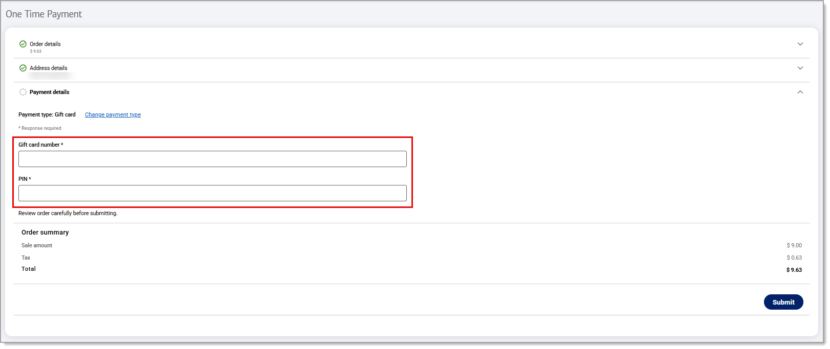 Gift card number and PIN fields highlightef under Payment details.