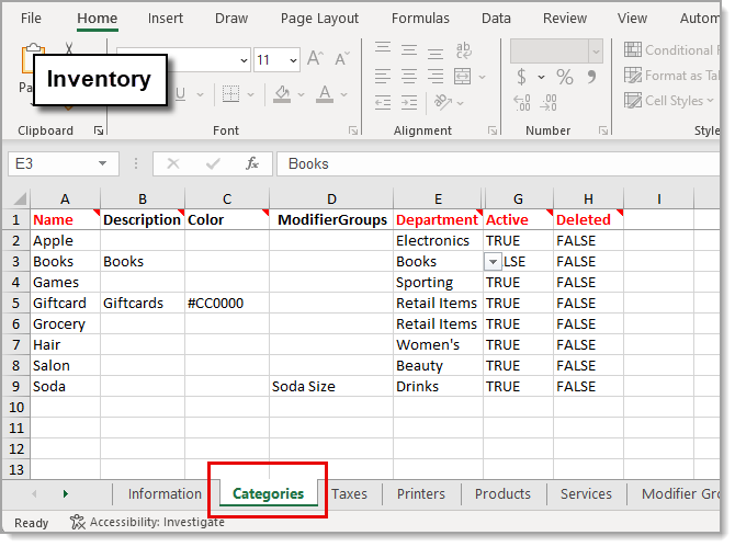 Categories tab highlighted from the downloaded inventory spreadsheet.
