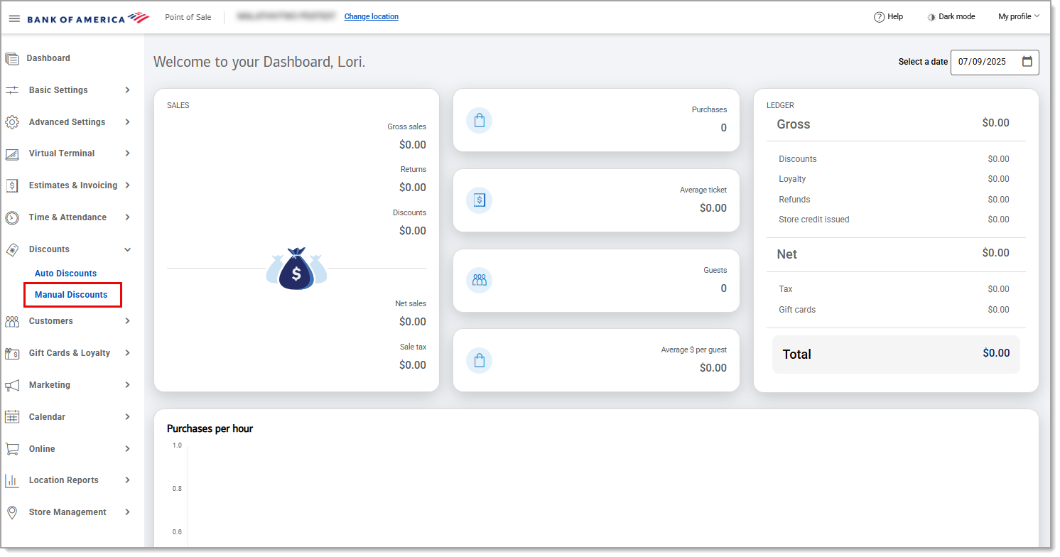 Manual discounts highlighted under discounts in the navigation menu.