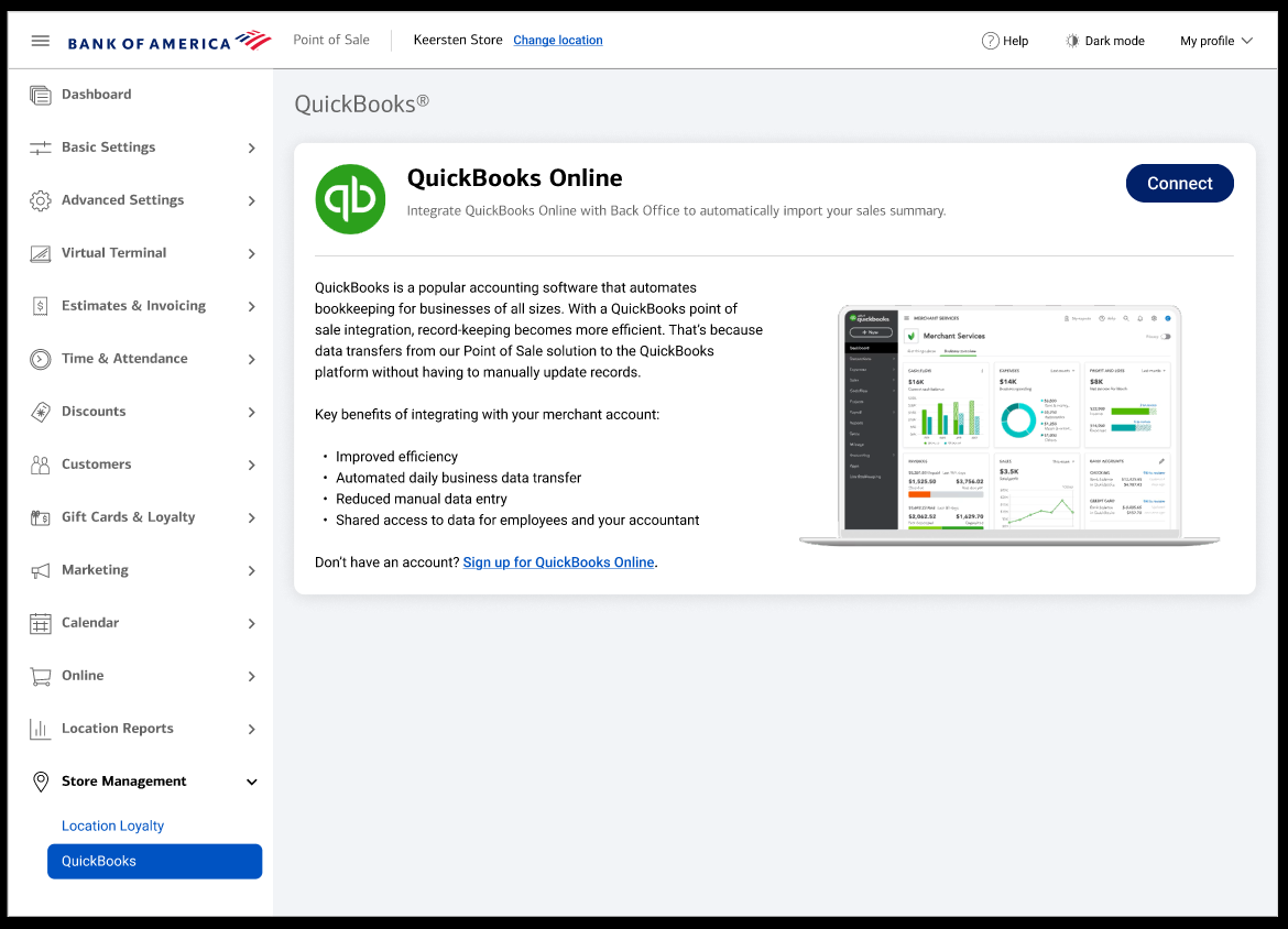 QuickBooks connection screen