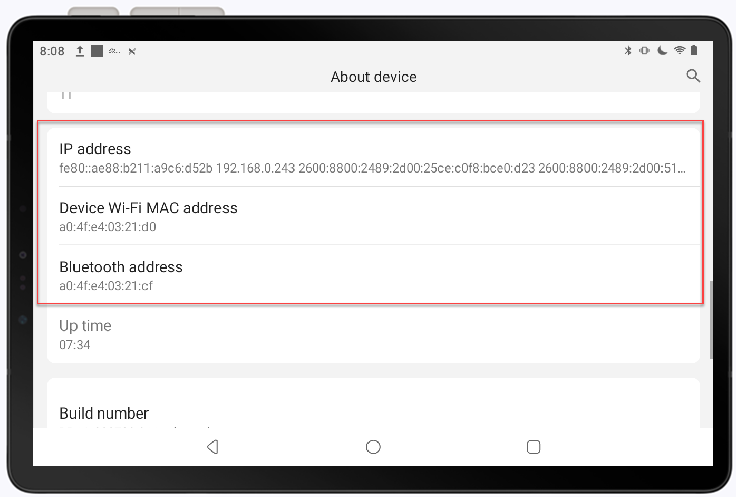 IP, Wi-fi MAC and bluetooth addresses