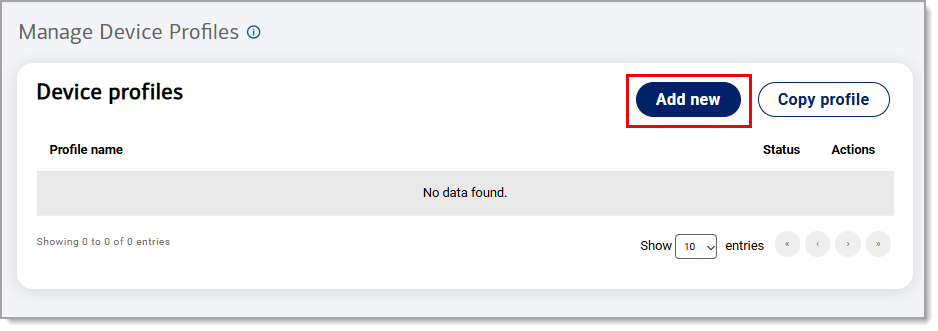 Add new button highlighted under Mange device profiles.