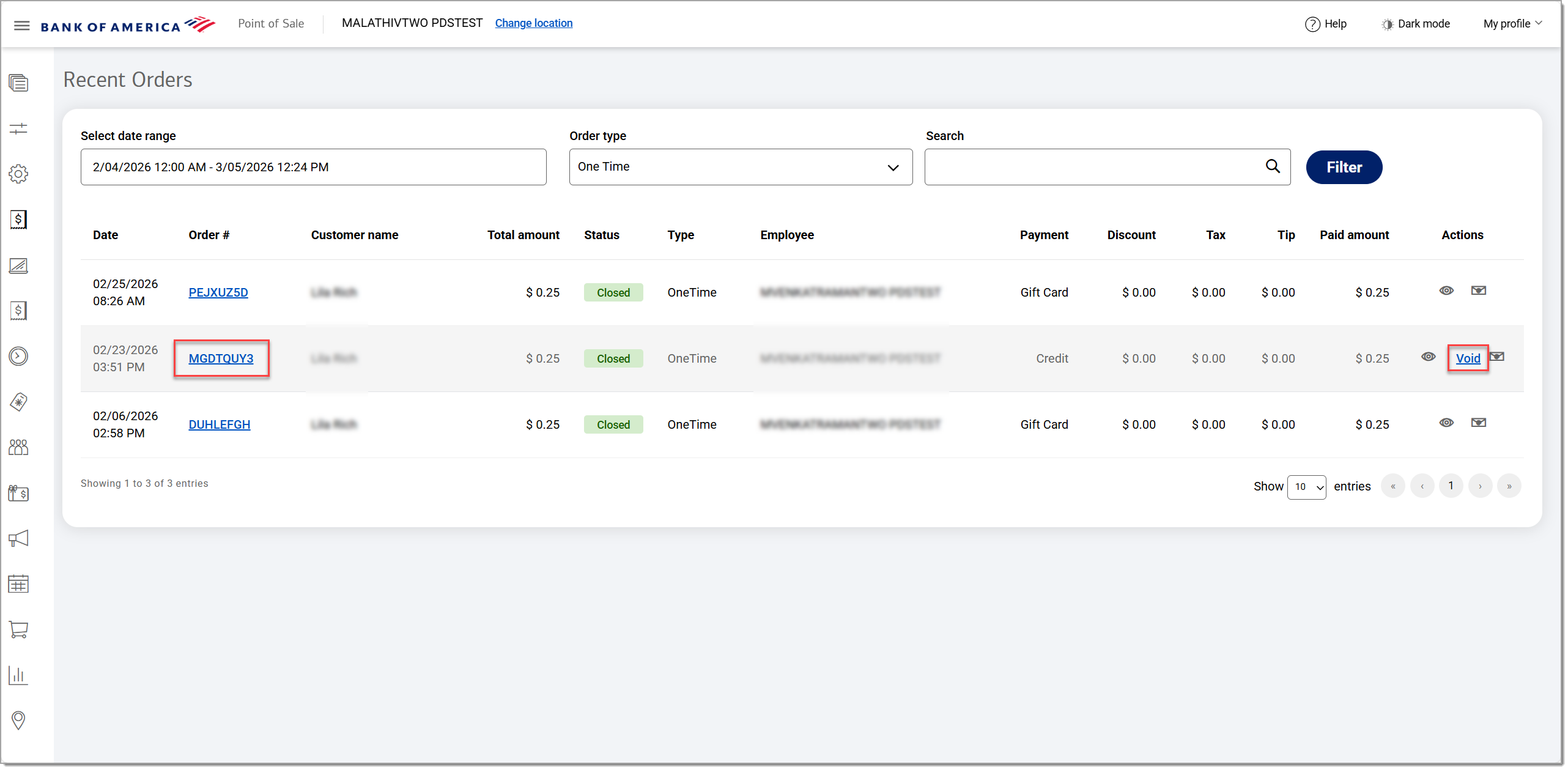void or refund by selecting the void option or by opening order details and selecting the void option
