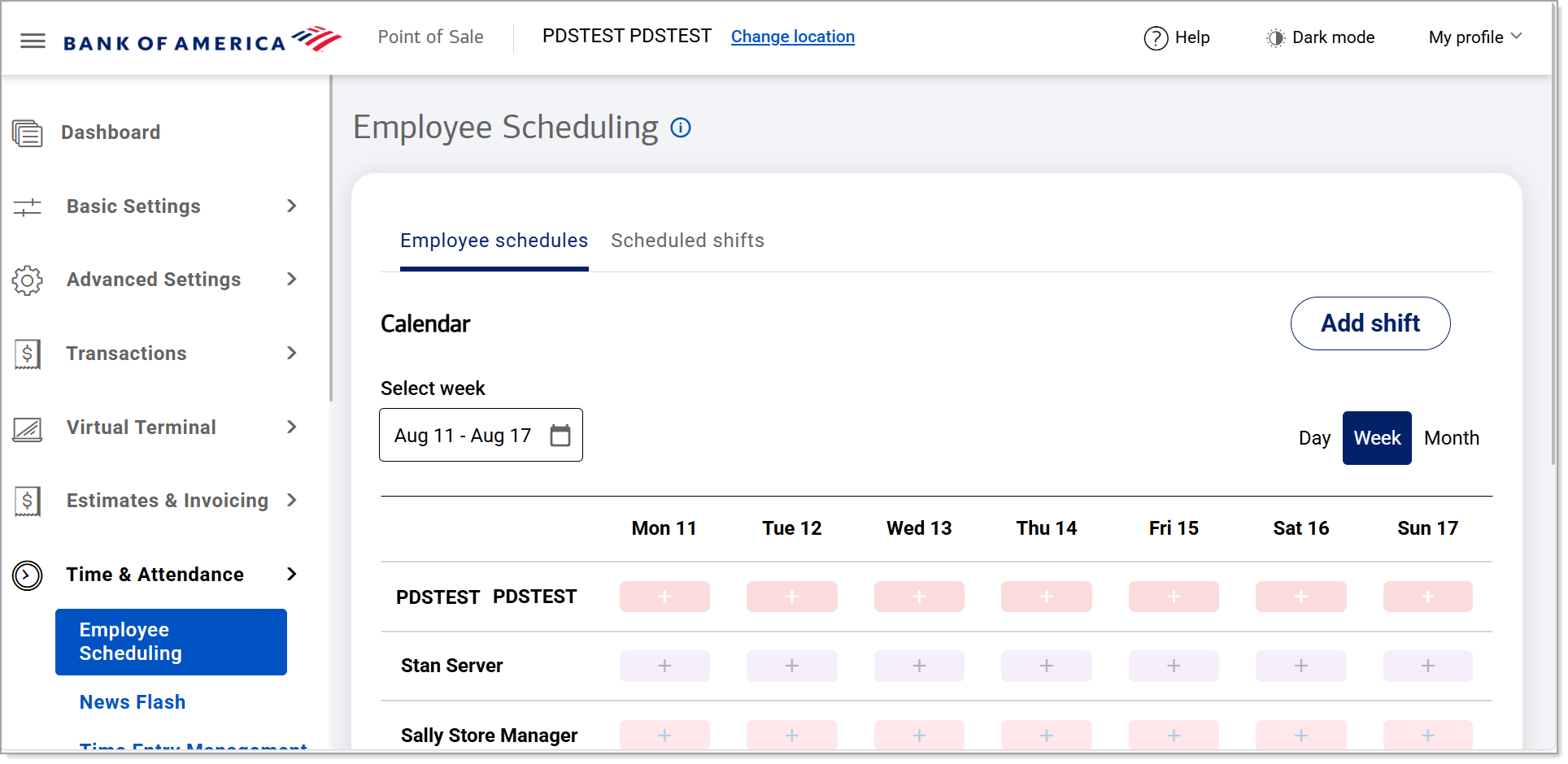 Employee Scheduling screen