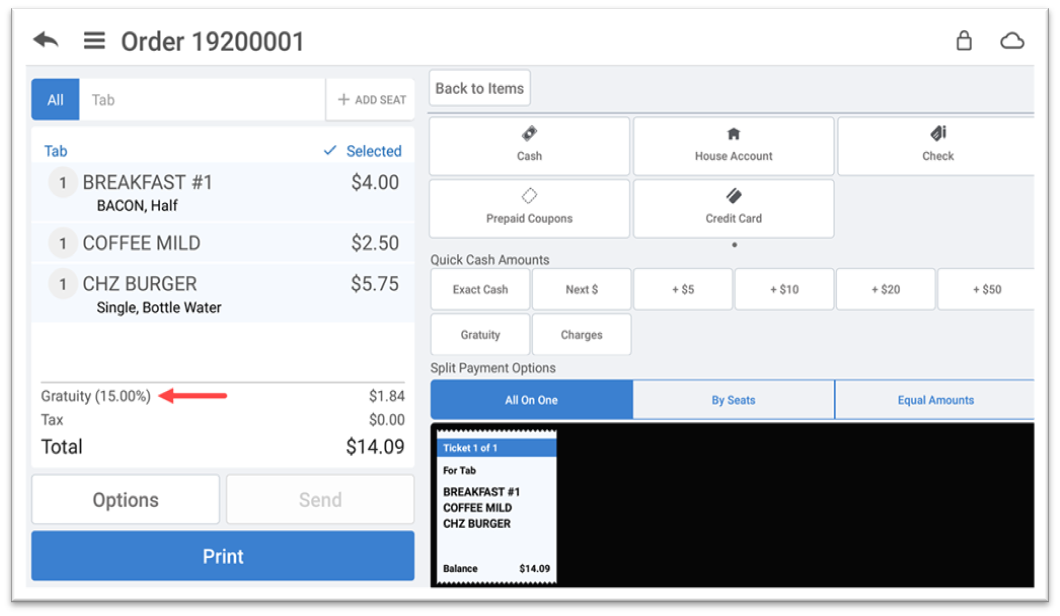 Point of sale ticket with a gratuity applied