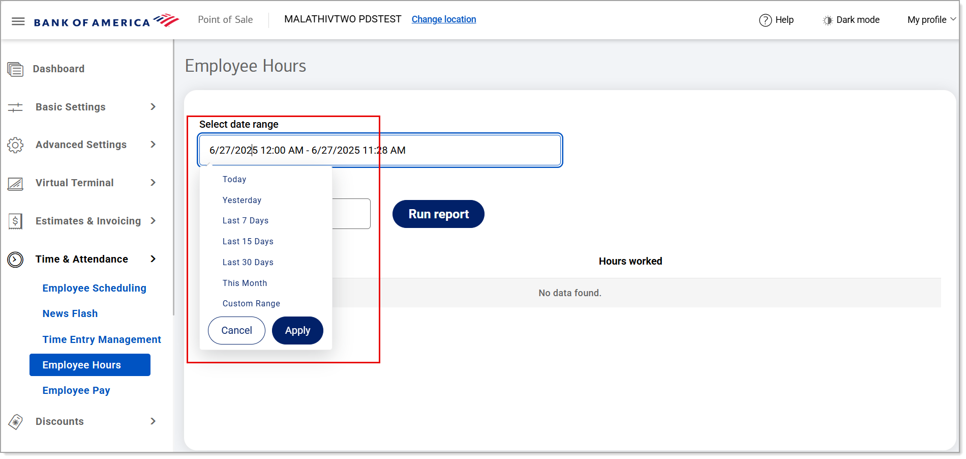 Employee hours - select date range options