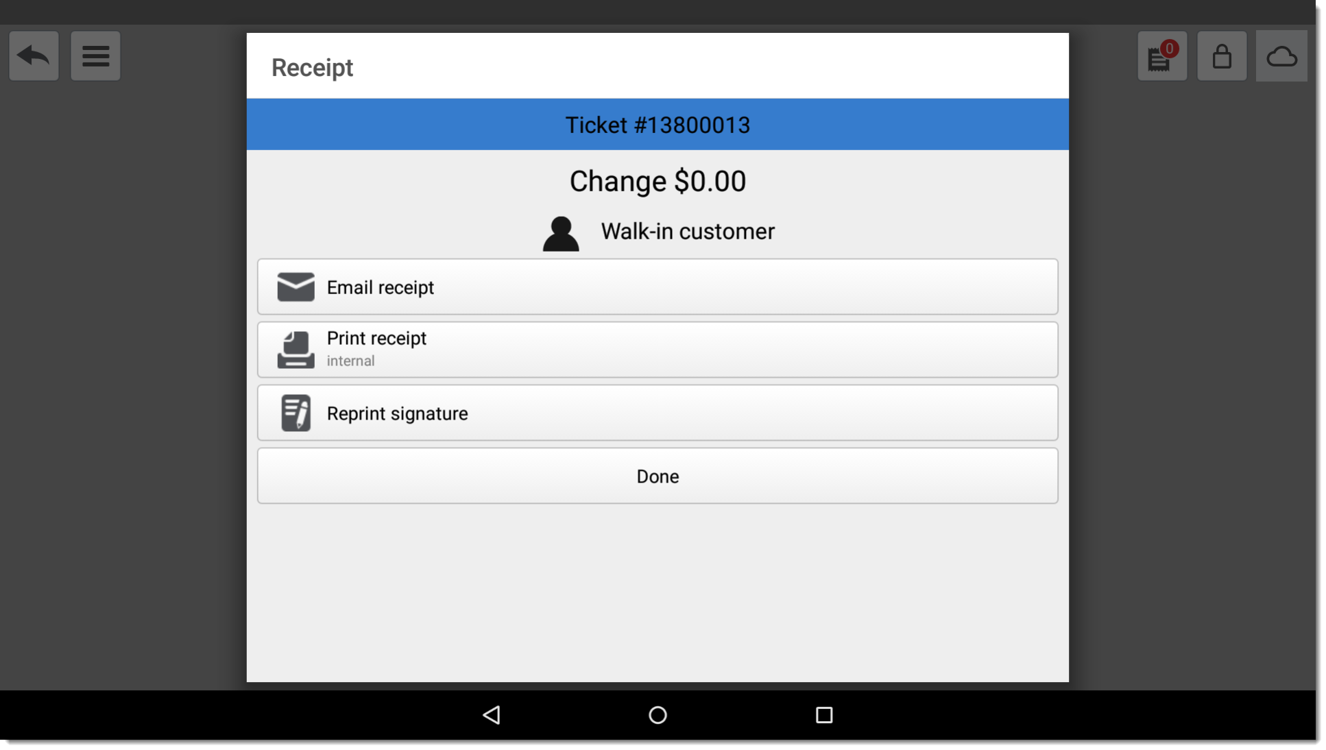 Receipt opened with action options which include email receipt, print receipt or reprint signature.