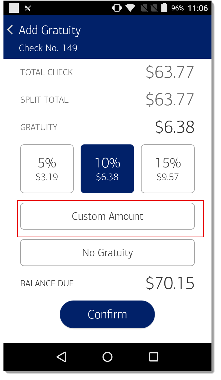 Add Gratuity screen with tipping options - Custom amount selected.