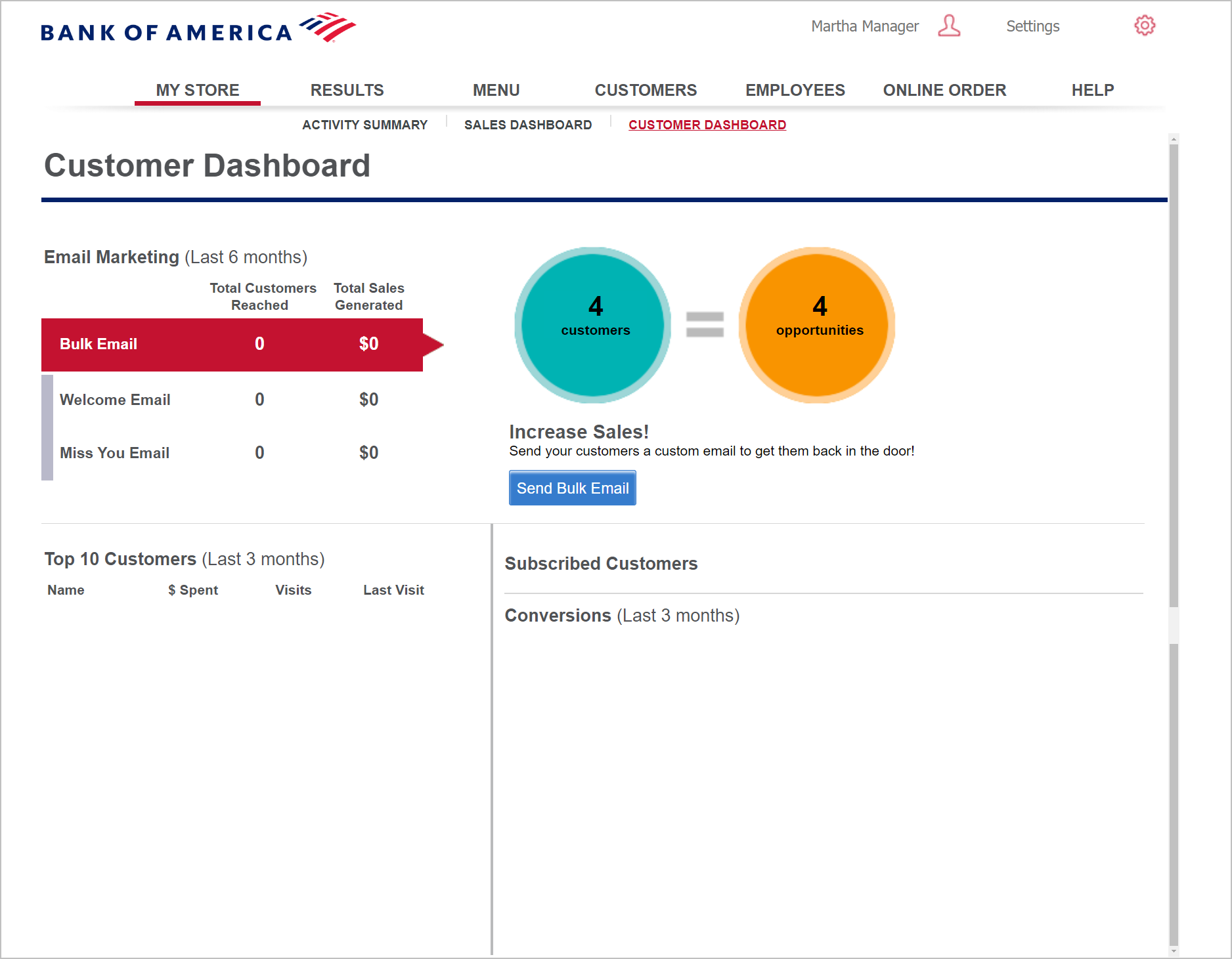 view of customer dashboard