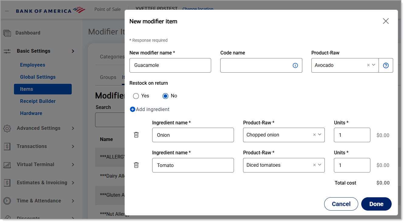 Ingredient fields on the New modifier item screen