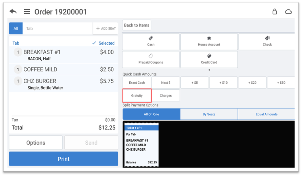 Point of sale ticket with gratuity option highlighted