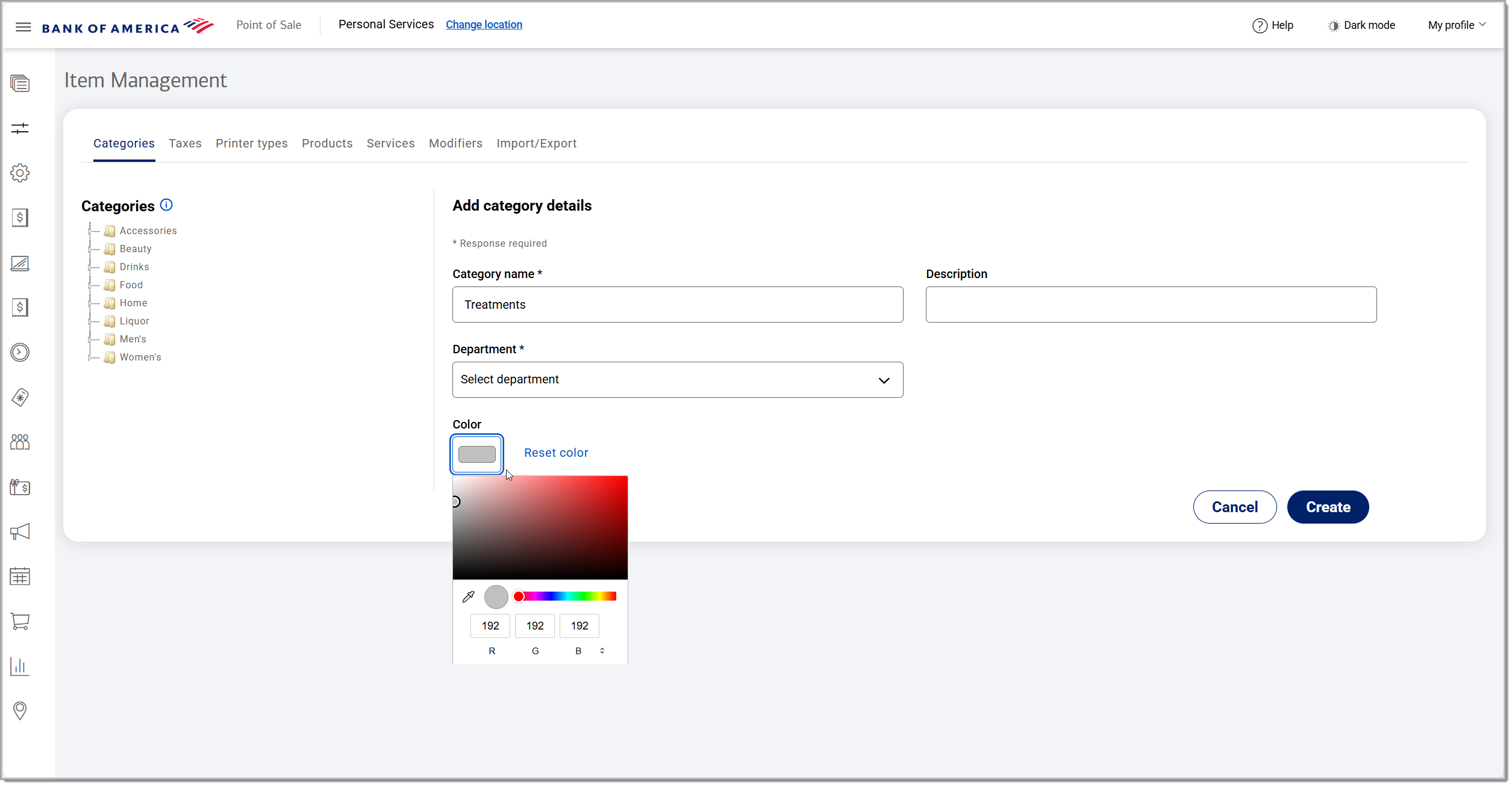add a category with color picker open