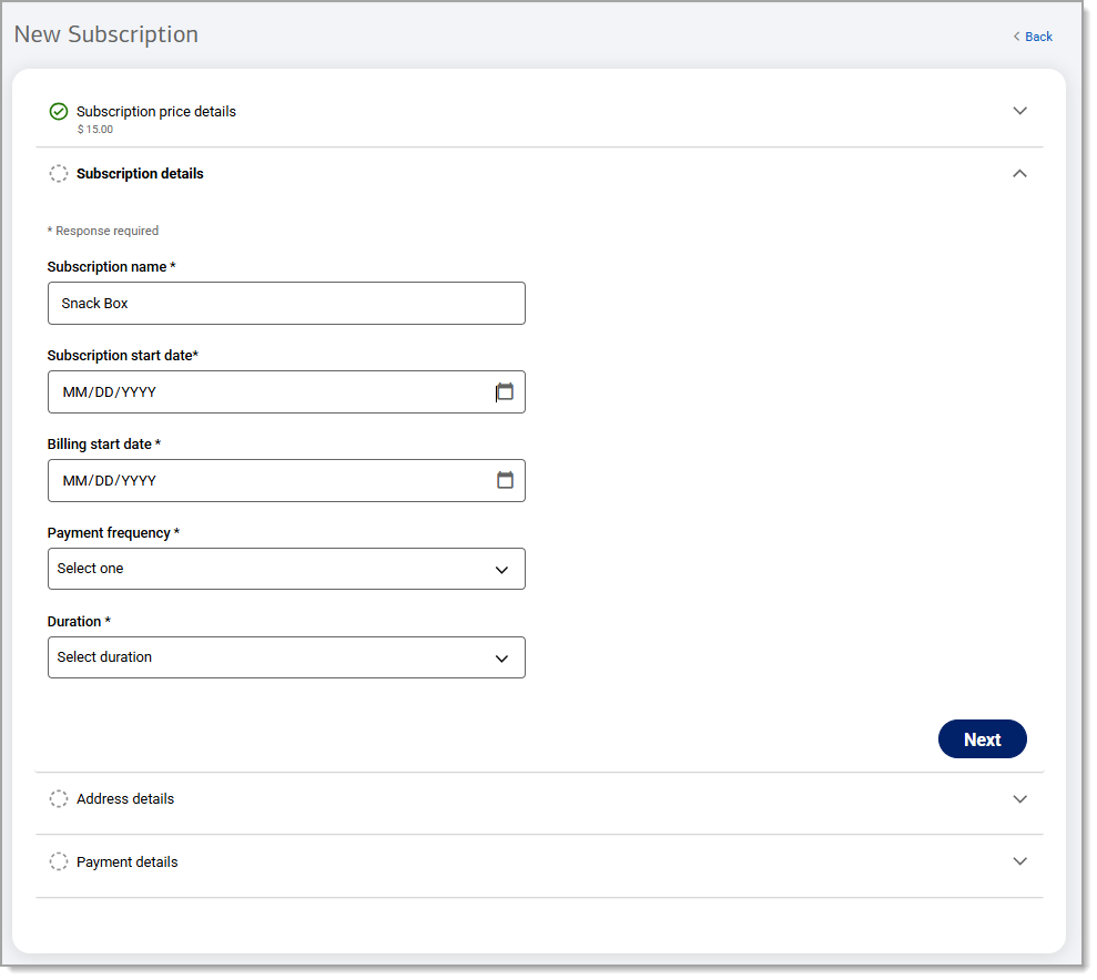 Subscription details tab open displaying open fields.