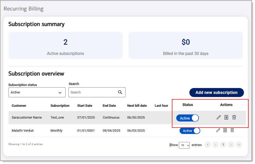 Highlighted maintenance options like status and action tools within the subscription overview.