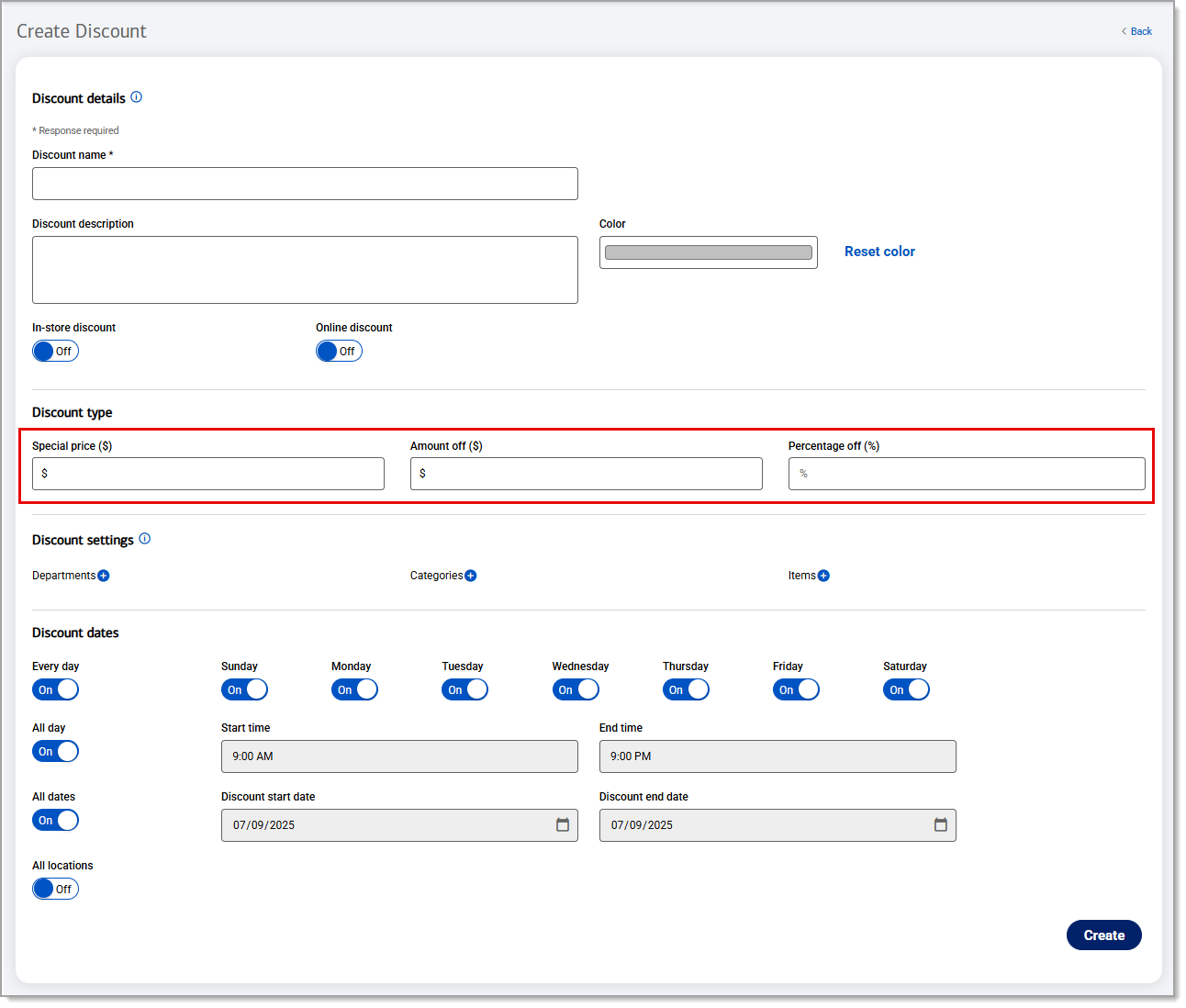 Discount type fields to set special prices, amount off, or percentage off.