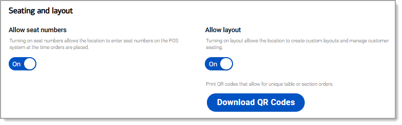 Seating and layout section with toggles to allow for seat numbers and allow layout and space to download QR codes.