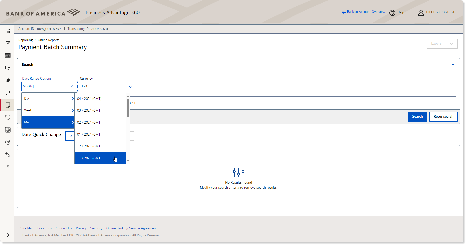 select date range options for report