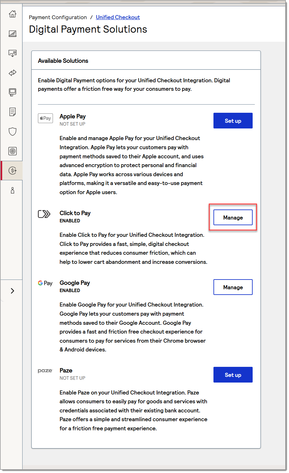 manage click to pay option selected