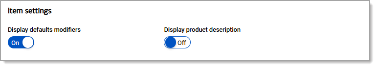 Item settings section with toggles for default modifiers and product description.