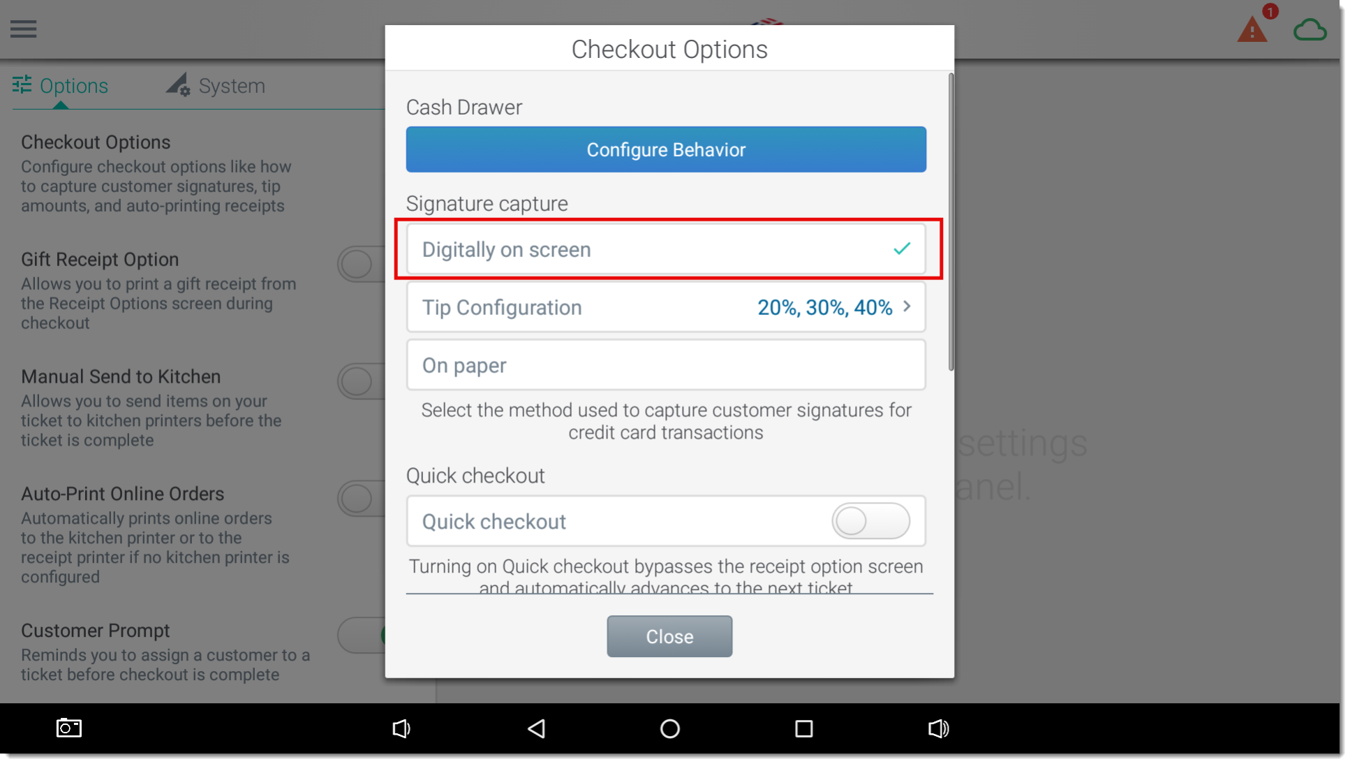 Signature capture digitally on screen in check close options