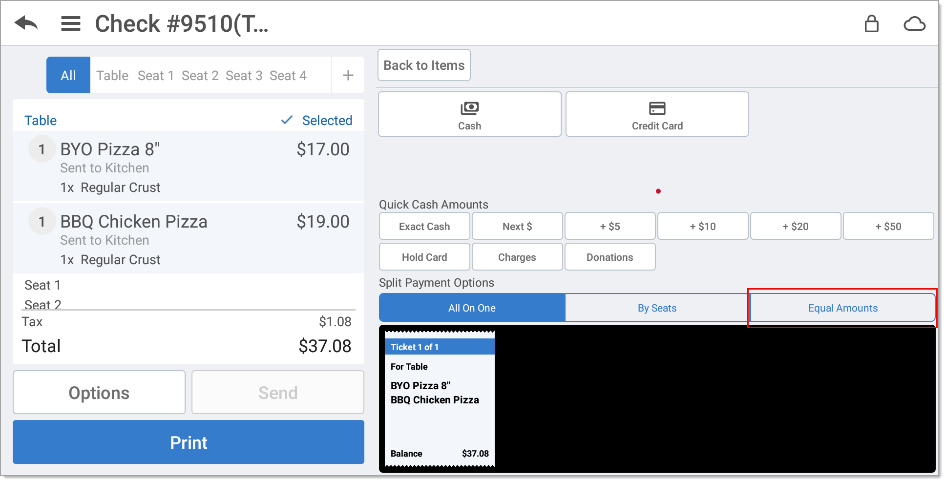 Equal Amounts highlighted in Split Payment Options of the ticket details.