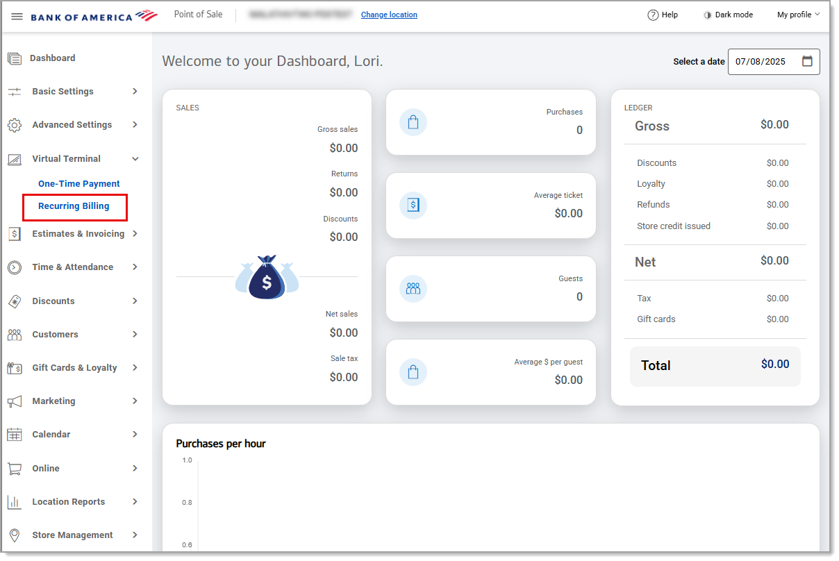 Display of dashboard with Recurring Billing highlighted under the navigation menu.