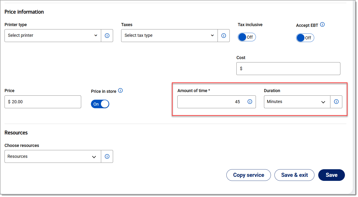 service duration options