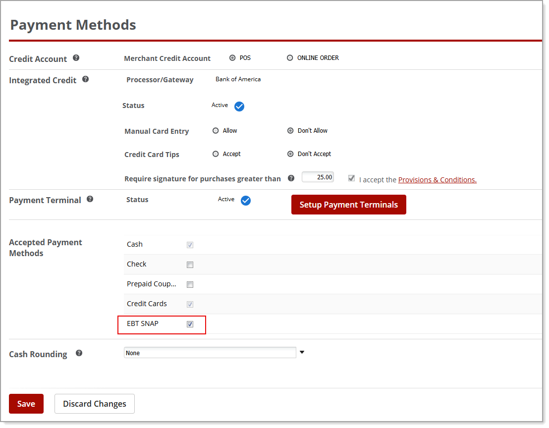 EBT SNAP option under Accepted Payment Methods
